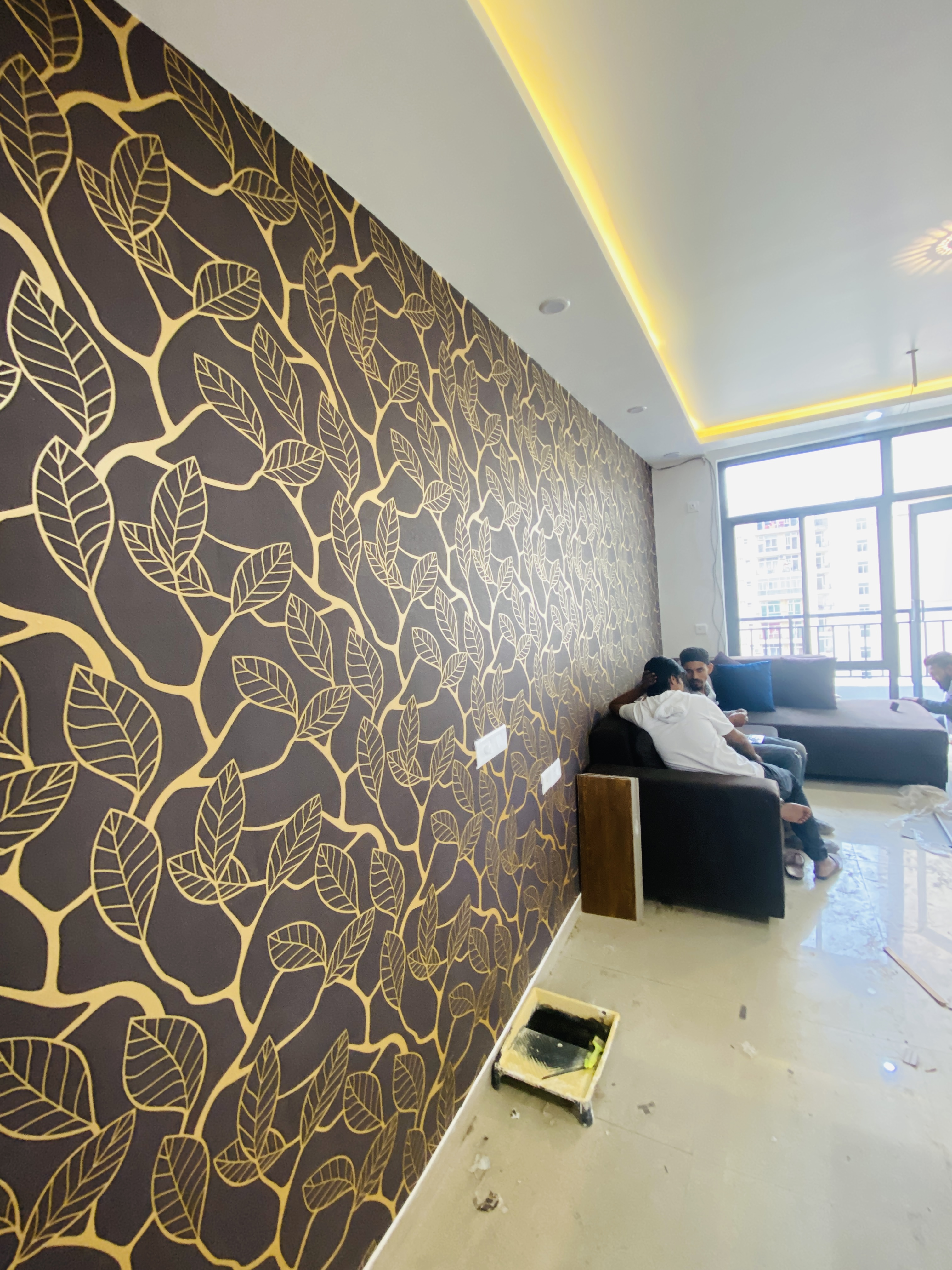Living room wallpaper and ceiling lighting