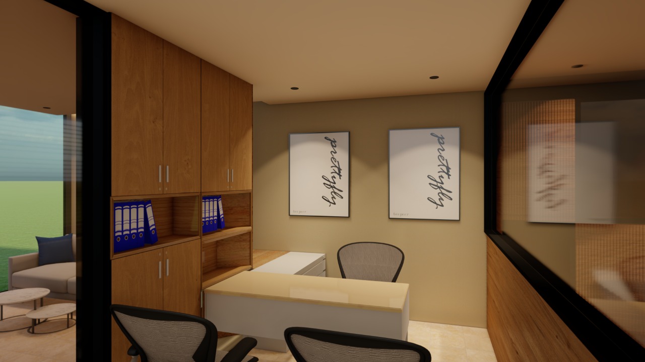Rendered office storage and desk design