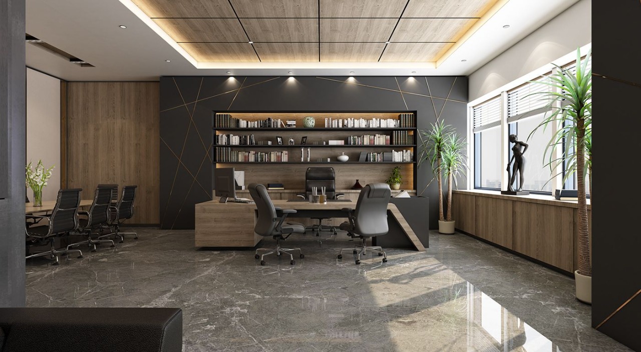 Rendered office room with bookcase and meeting area