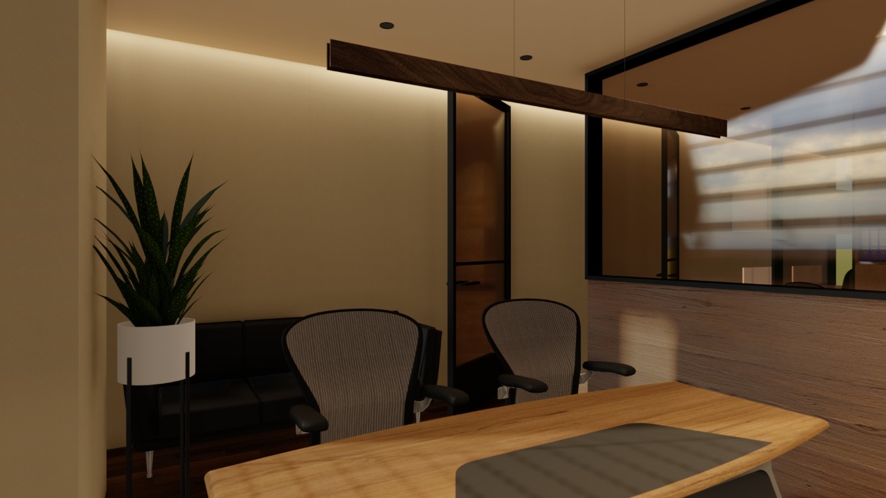 Rendered office seating area with glass partition